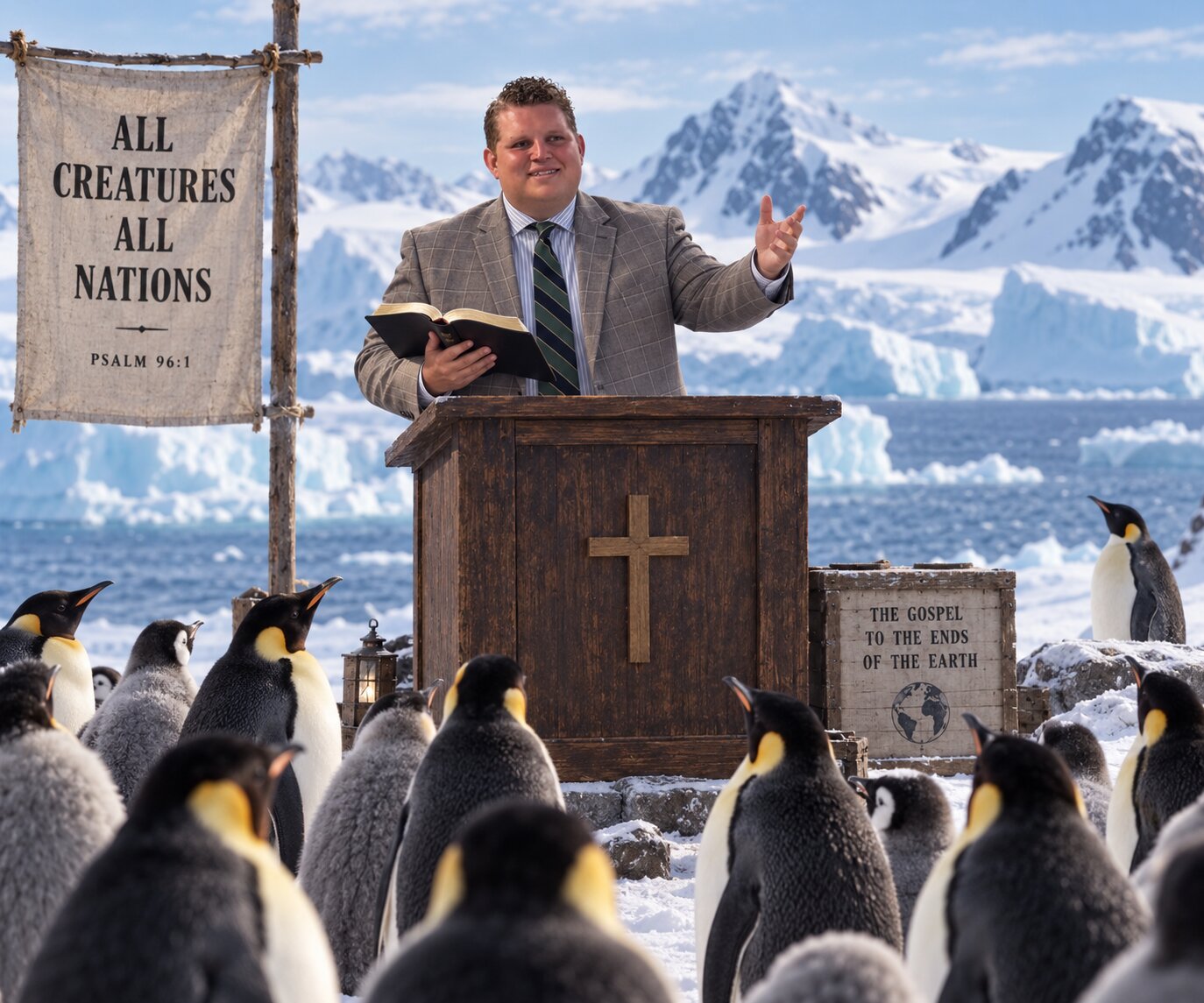 A preacher behind a wooden pulpit speaking to penguins in Antarctica